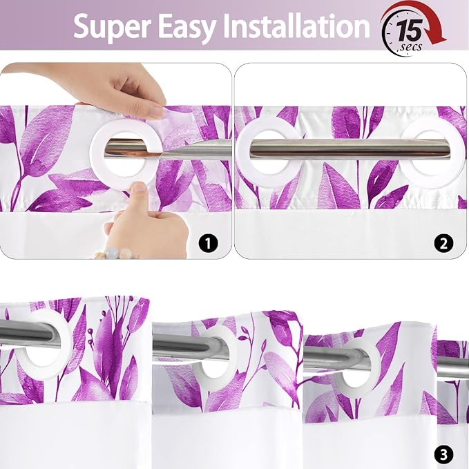 No Hook Shower Curtain and Liner Set, Purple Eucalyptus 71x84 | Floral Design, with Snap in Liner, See-Through Top Window, Waterproof, Machine Washable, Quick-Drying, for Hotel Bathroom