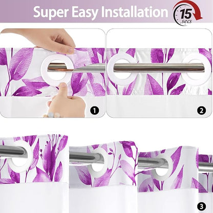 No Hook Shower Curtain and Liner Set, Purple Eucalyptus 71x84 | Floral Design, with Snap in Liner, See-Through Top Window, Waterproof, Machine Washable, Quick-Drying, for Hotel Bathroom