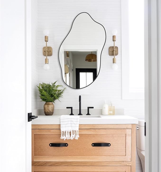20x33 Inch Irregular Black Bathroom Wall Mirror Asymmetrical Vanity Mirror | Farmhouse Accent Vanity Mirror Hanging Horizontal/Vertical Black Wood Wall Mirror Decorative for Bathroom Bedroom Entryway