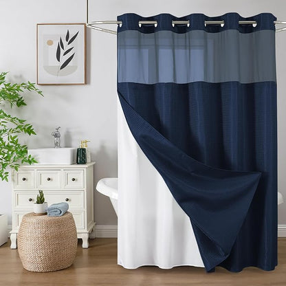 Colorful Star Navy Blue No Hook Waffle Shower Curtain Set, 72" W x 81" L | Waterproof Shower Curtain with Snap in Fabric Liner and Mesh Top Window, Hotel Style Heavy Duty Thick Bathroom Curtain