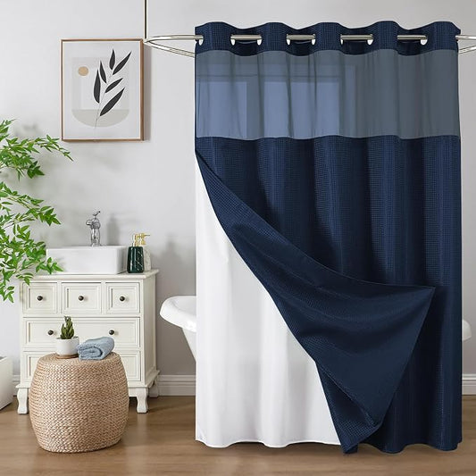 Colorful Star Navy Blue No Hook Waffle Shower Curtain Set, 72" W x 81" L | Waterproof Shower Curtain with Snap in Fabric Liner and Mesh Top Window, Hotel Style Heavy Duty Thick Bathroom Curtain