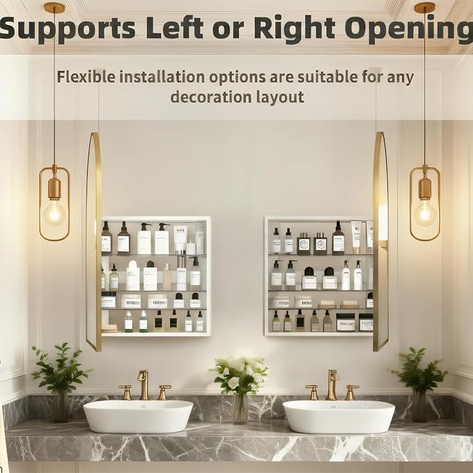 FKWin Large Medicine Cabinet Mirror for Luxury Bathrooms, Wall Mount | Large Bathroom Mirror with Storage, Elegant Bathroom Style, Adjustable Shelves, Reversible Door, Bathroom Upgrade,Gold