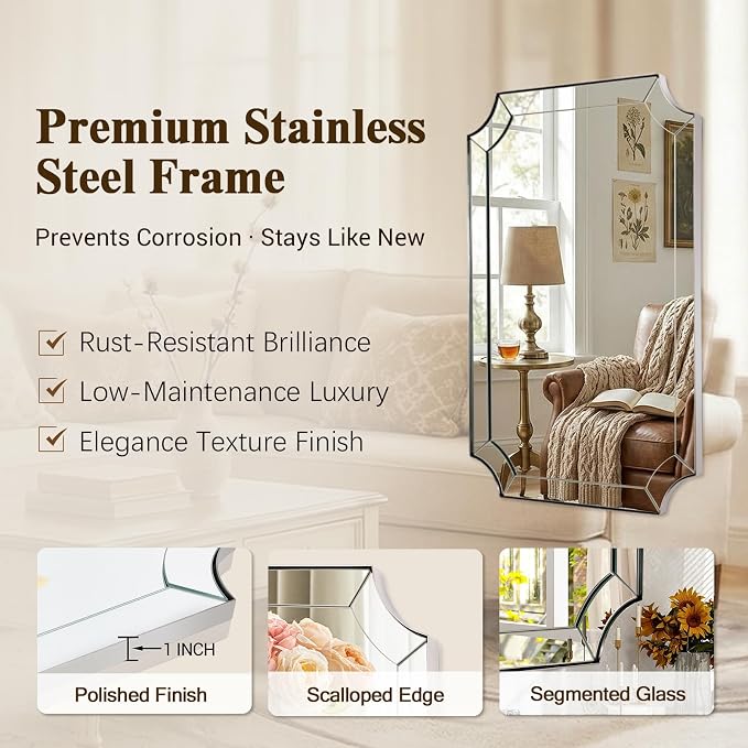Chrome Bathroom Mirror, 24x36 Inch Polished Chrome Rectangle Mirror, Silver Vanity Mirror for Bathroom with Unique Scalloped Design, Ideal for Home Decor, Rust-Proof SUS304 Frame