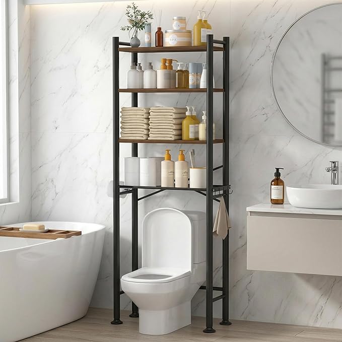 4-Tier Over Toilet Storage with Anti-Tilt Safety System - 150lb Total Capacity Metal Bathroom Shelves Including Paper Holder & 4 Hooks, Space Saving Above Commode Organizer (69.3" H, Brown)