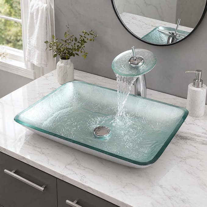 22×14 Inch Tempered Glass Bathroom Vessel Sink, Silver Rectangle | Above Counter, With Faucet and Pop Up Drain Combo, Sinks Bowl for Vanity, Art Basin, Easy Clean and Install