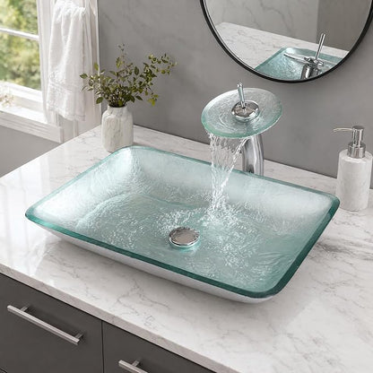 22×14 Inch Tempered Glass Bathroom Vessel Sink, Silver Rectangle | Above Counter, With Faucet and Pop Up Drain Combo, Sinks Bowl for Vanity, Art Basin, Easy Clean and Install