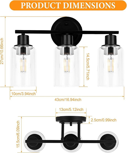 3-Light Black Bathroom Light Fixture Over Mirror, 3-Light Bathroom Vanity Light Over Sink, Black 3 Bulb Wall Light for Mirror