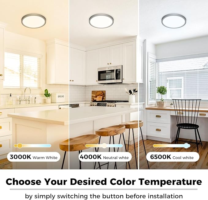 zemty 12Pack LED Flush Mount Ceiling Lights, 6.5 Inch 12W 1200lm Lighting Fixtures Recessed, Adjustable 3000K 4000K 6500K, Round Modern Ceiling Lamp for Bathroom Closet Hallway (Black)
