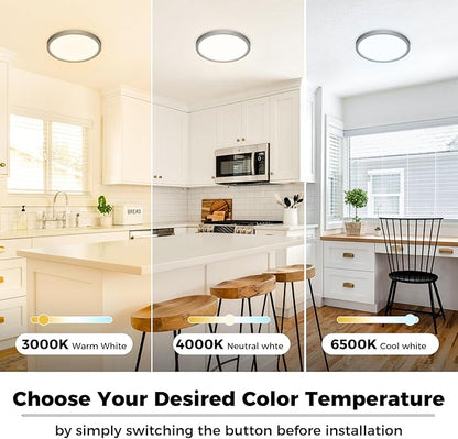 zemty 4Pack LED Ceiling Light Fixture 6.5 Inch, 12W 1200lm Ceiling Mount Light Fixtures, Adjustable 3000K 4000K 6500K, Round Flat Ceiling Lamp for Bathroom Closet Hallway Laundry (Black)
