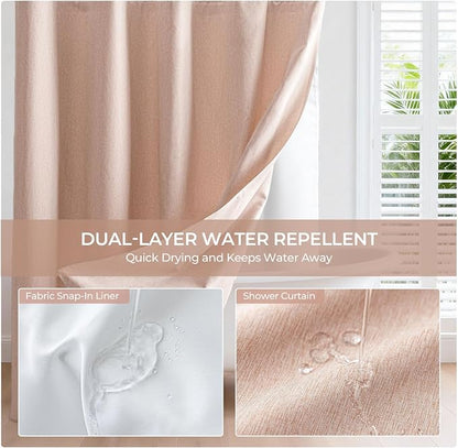 River Dream Linen Textured No Hooks Shower Curtain with Liner,Pink,71x74 | with Snap-in Liner,Heavy Duty Fabric,Quick Dry,Bottom Magnets,Water-Repellent,Washable,Farmhouse Bathroom Set