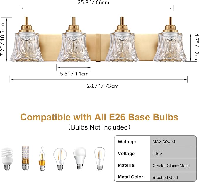 LmnLvn Brushed Gold Bathroom Light Fixtures, 4-Light Crystal Glass Shade | Mounted Over Mirror, Antique Brass Accents, Vintage Vanity Light for Bedroom & Living Room, Easy To Install