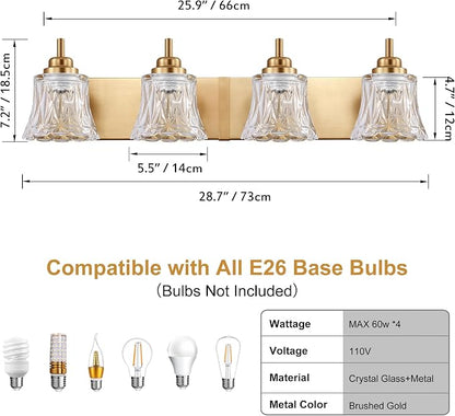 LmnLvn Brushed Gold Bathroom Light Fixtures, 4-Light Crystal Glass Shade | Mounted Over Mirror, Antique Brass Accents, Vintage Vanity Light for Bedroom & Living Room, Easy To Install