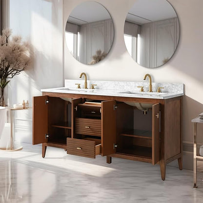 Vanity Art 60 inch Walnut Bathroom Vanity with Double Sink & Ceramic Top, Vanity Cabinet with Soft-Closing Door, Solid Wood Frame, Linear Pattern, Walnut, VA9160-DWalnut-MB,Matte Black Handles