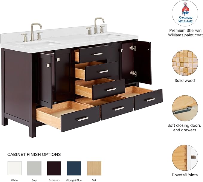 DKB Beckford 66" Espresso Double Bathroom Vanity, 1.5" Carrara White Quartz Countertop, Dual Rectangular Undermount Sinks, 4 Soft Closing Shaker Doors, 6 Full Extension Dovetail Drawers
