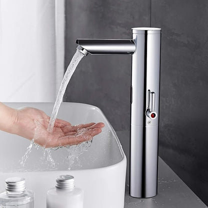 Automatic Touchless Bathroom Sink Faucet Tall Body Motion Activated Sensor Hands Free Commercial Brass Faucets Adjustable Cold Hot 1 Hole Single Handle Basin Vessel Auto Water Mixer（Chrome）