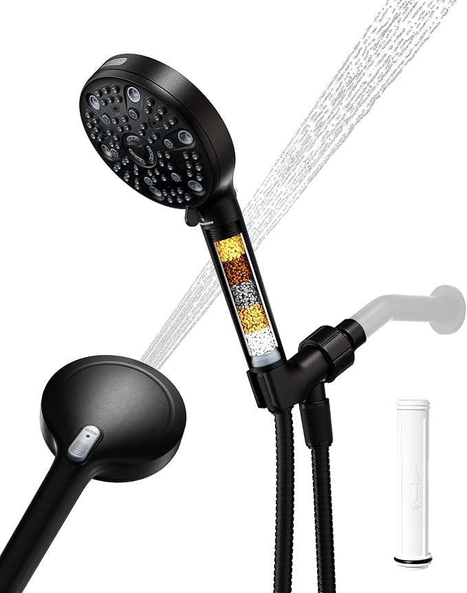 Filtered Handheld Shower Head for Hard Water, High Pressure Showerhead with 7 Spray Modes, Power Jet & Pause, Detachable & Adjustable for Healthier Skin & Hair - Matte Black (VMASSTONE HM-003)
