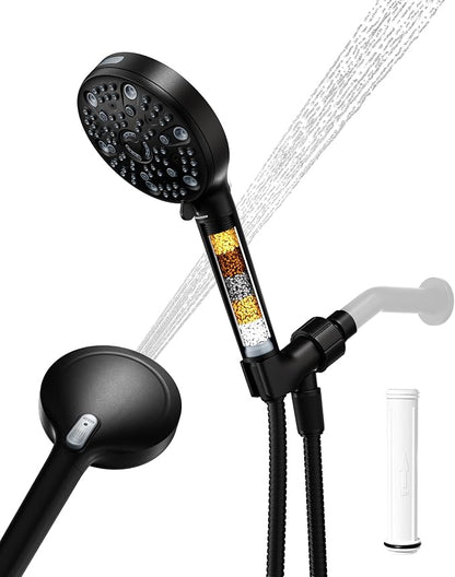 Filtered Handheld Shower Head for Hard Water, High Pressure Showerhead with 7 Spray Modes, Power Jet & Pause, Detachable & Adjustable for Healthier Skin & Hair - Matte Black (VMASSTONE HM-003)