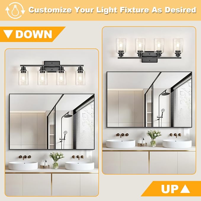 Unicozin Modern Black Bathroom Light Fixtures, 4-Light Vanity Lights Over Mirror with E26 LED Bulbs Included, Wall Sconce with Clear Glass Shades for Living Room Bedroom Hallway Kitchen