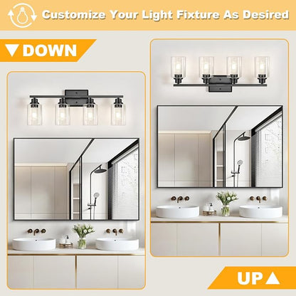 Unicozin Modern Black Bathroom Light Fixtures, 4-Light Vanity Lights Over Mirror with E26 LED Bulbs Included, Wall Sconce with Clear Glass Shades for Living Room Bedroom Hallway Kitchen