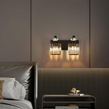 Modern Bathroom Vanity Light, 2-Light Black Bathroom Lighting Fixtures Over Mirror, 12.6" Crystal Wall Light Sconce for Bathroom/Bedroom/Vanity, Includes LED Bulbs, Easy Installation