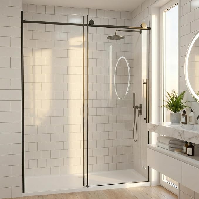 60 x 73 Inch Frameless Single Sliding Shower Door with Nano Coating | Bypass Glass Shower Door with 5/16" SGCC Tempered Glass & Explosion-Proof Film, Water Repellent, Matte Black