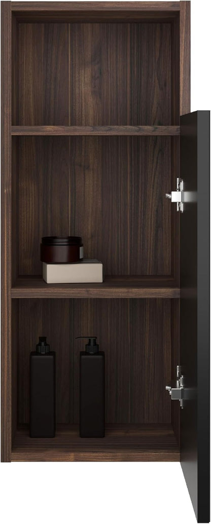 12" Bathroom Side Cabinet, Modern Striped Storage Cabinet with Soft-Closing Door & Open Shelf, Large Storage for Small Bathroom, Apartment, Hotel, Walnut+Black