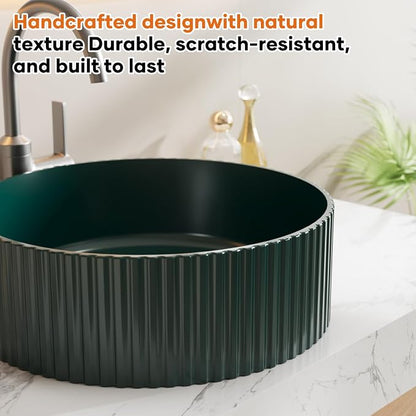 15.7" Dark Green Round Fluted Ceramic Vessel Sink | Modern Minimalist Fluted Design, Durable Premium Ceramic, Smooth Glaze Easy To Clean, Deep Basin Prevents Water Splashes