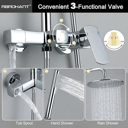RBROHANT Exposed Shower System with Tub Spout, Polished Chrome Exposed Pipe Shower Faucet with 3 Functions Brass Shower Valve, Shower Height Adjustable, Wall Mounted