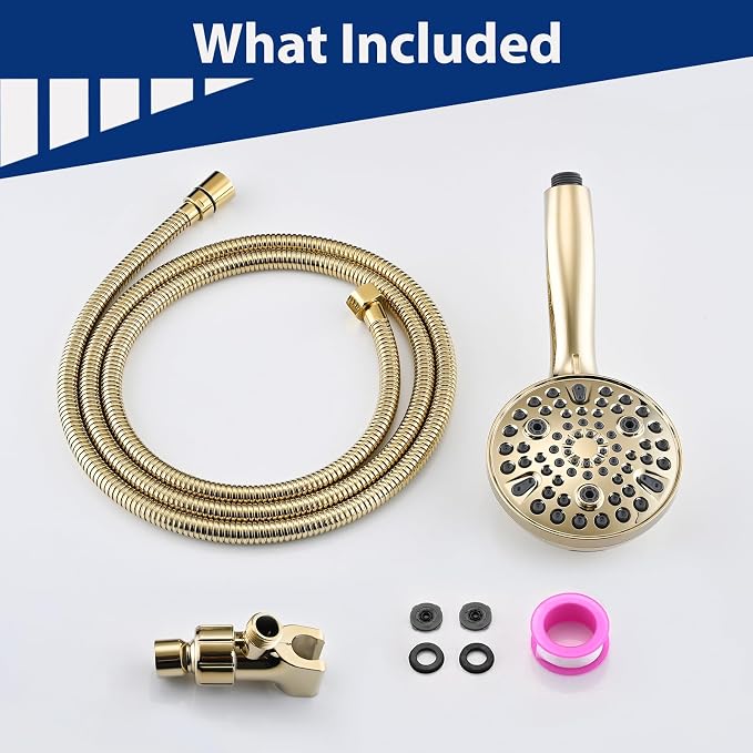 High Pressure 10 Setting Handheld Shower Head, 5" Detachable Showerhead Spray Built-in Power Wash to Clean Tub, Tile & Pets, 79" Extra Long Stainless Steel Hose, Adjustable Bracket - Gold