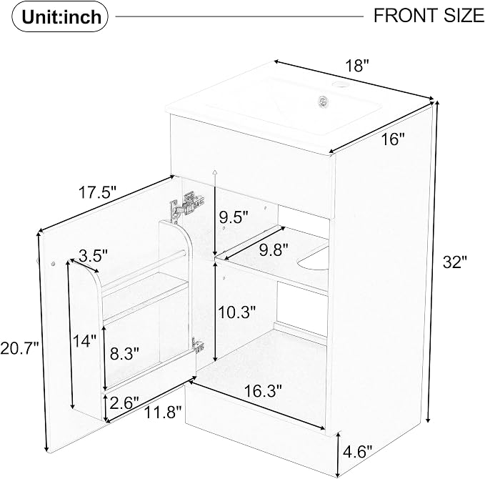 Christopher Knight Home Doreen 18" Bathroom Vanity with Ceramic Sink, Bathroom Vanity Cabinet with Door Organizer, Wooden Bathroom Storage Cabinet with Adjustable Shelf,Pedestal Sink with Storage,Grey