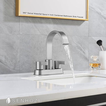 2 Handle Bathroom Faucets 3 Hole Brushed Nickel, Centerset Bathroom Sink Faucet with Pop up Drain and 2 Supply Lines, Modern Vanity RV Faucet, SE-0048-BN