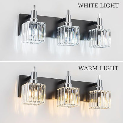 Chrome Bathroom Vanity Lights, Modern 3 Lights Crystal Bathroom Lighting Fixtures Over Mirror Black Chrome Wall Light with Square Shade