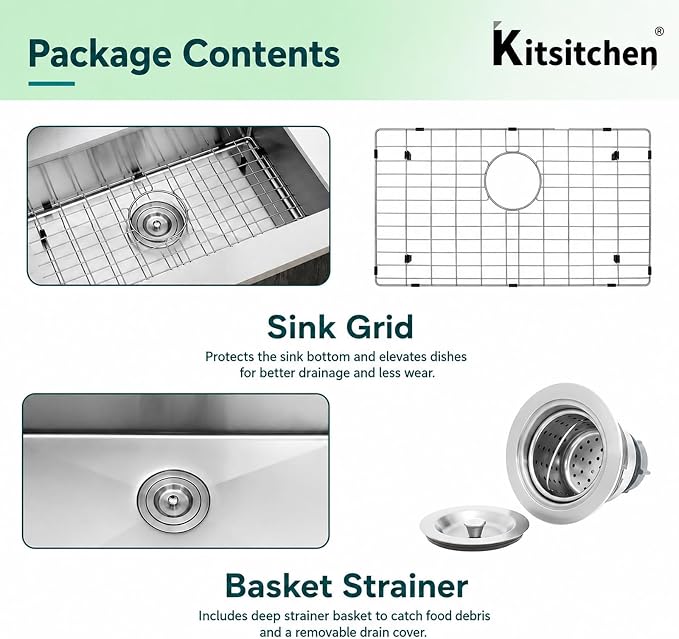 Kitsitchen RV Kitchen Sink,16 Guage T304 Stainless Steel Undermount Kitchen Sinks with Sink with Strainer & Bottom Gird, 25" x 15" x 7" Single Bowl Drop In Kitchen Sink For RV, Outdoor,Bathroom