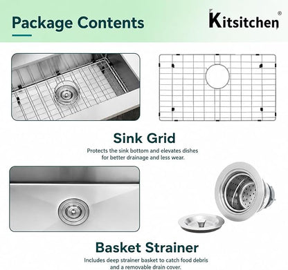 Kitsitchen RV Kitchen Sink,16 Guage T304 Stainless Steel Undermount Kitchen Sinks with Sink with Strainer & Bottom Gird, 25" x 15" x 7" Single Bowl Drop In Kitchen Sink For RV, Outdoor,Bathroom