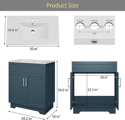 OLD CAPTAIN Bathroom Vanity with Ceramic Sink, 30" Freestanding Bathroom Cabinet Vanity with Storage, Quick Assembly Vanities Cabinet with Sink, Blue