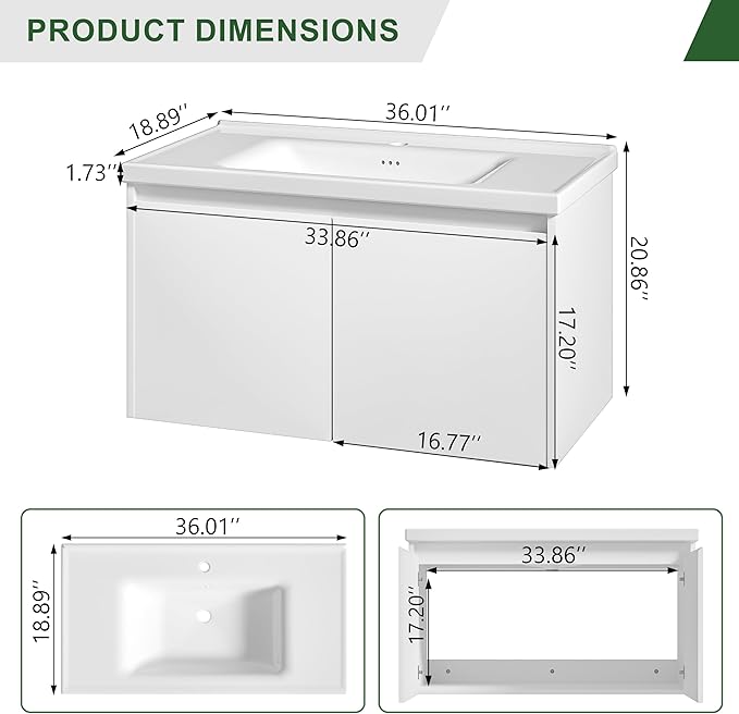 OLD CAPTAIN 36" Bathroom Vanity with Ceramic Sink, Floating Bathroom Vanity with Sink and Cabinet, Wall Mounted Bathroom Sink Cabinet with Storage and Two Doors, White