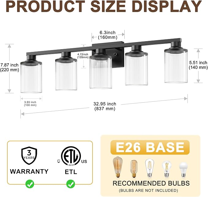 L LOHAS LED 5-Light Bathroom Light Fixtures Over Mirror, Black Bathroom Vanity Lights with Clear Glass Shade, Modern Vanity Lights for Bathroom Living Room Hallway Bedroom | Clear Glass Shades; Modern Light Fixture for Bathrooms, Living Rooms, Hallways...