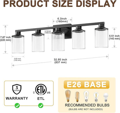 L LOHAS LED 5-Light Bathroom Light Fixtures Over Mirror, Black Bathroom Vanity Lights with Clear Glass Shade, Modern Vanity Lights for Bathroom Living Room Hallway Bedroom | Clear Glass Shades; Modern Light Fixture for Bathrooms, Living Rooms, Hallways...