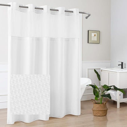 No Hook Long Shower Curtain with Snap-in Liner 71x80, White | Embossed Waffle-Look Textured, Sheer Window Hotel Style, Soft & Washable, 71 x 80 long Fabric Shower Curtain for Bathroom