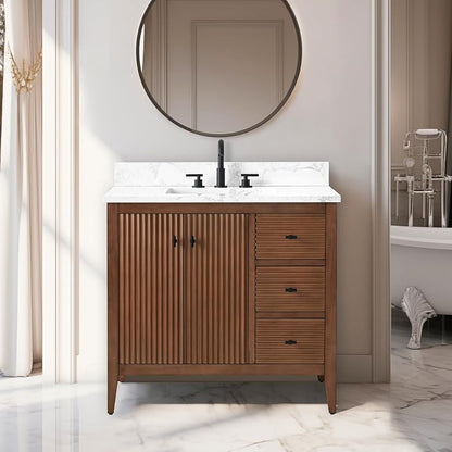 Vanity Art 36 inch Walnut Bathroom Vanity with Single Sink & Ceramic Top, Vanity Cabinet with Soft-Closing Door, Solid Wood Frame, Linear Pattern, Walnut, VA9136-Walnut-MB,Matte Black Handles