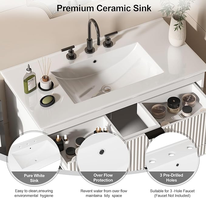 Bathroom Vanity 36 inch with Sink, Floating Bathroom Vanity, White Ceramic Sink & Double Drawers, Soft-Close Design, Wall Mount Bathroom Cabinet, Modern Floating 36" Vanity