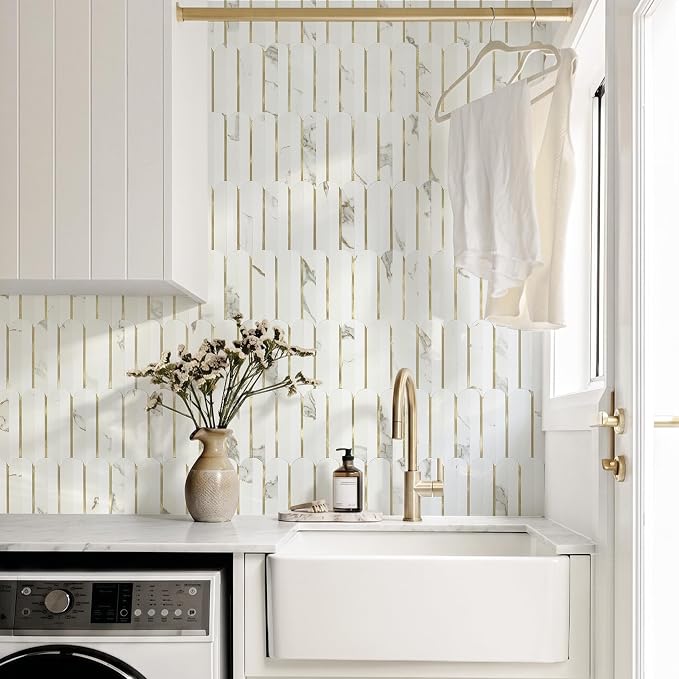 Vamos Tile Peel and Stick Backsplash Seamless Tile,Fish Scale,Glossy,10 pcs | 11.9''x10.8'',White & Gold Marble PVC+Light Gold Stick on Backsplash Tile for Kitchen & Bathroom & Laundry & Camper
