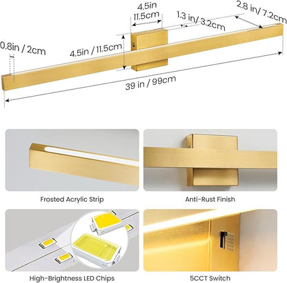 Modern Bathroom Lighting Fixtures Over Mirror, 39 Inch 30W Gold Vanity Light Bar for Bathroom, Dimmable 5CCT LED Bathroom Wall Light Fixtures