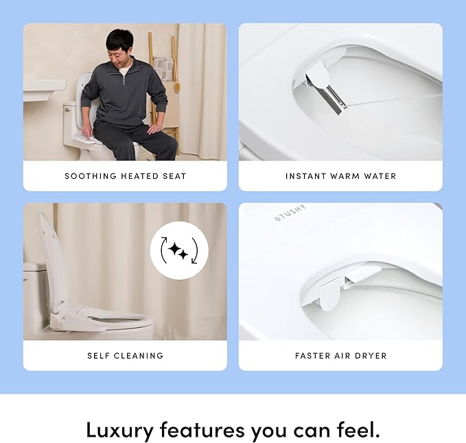 TUSHY Cloud Electronic Bidet Heated Toilet Seat | Instant Warm Water, Adjustable Air Dryer, Soft Close Lid and Seat & Night Light (Self Cleaning Nozzle and Water Filter), Elongated