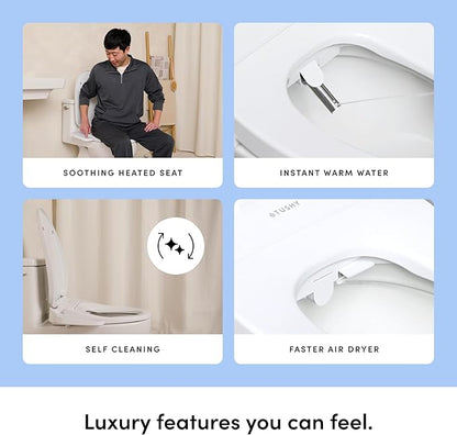 TUSHY Cloud Electronic Bidet Heated Toilet Seat | Instant Warm Water, Adjustable Air Dryer, Soft Close Lid and Seat & Night Light (Self Cleaning Nozzle and Water Filter), Elongated