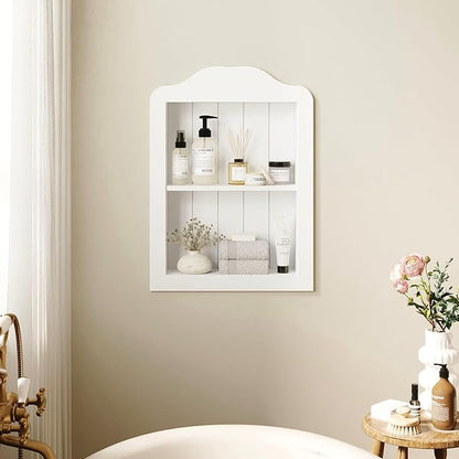 CJL 14'' x 18'' Recessed Medicine Cabinet, Solid Wood in-Wall Bathroom Cabinet, Arched Wall Niche Shelf, 2-Tier, White