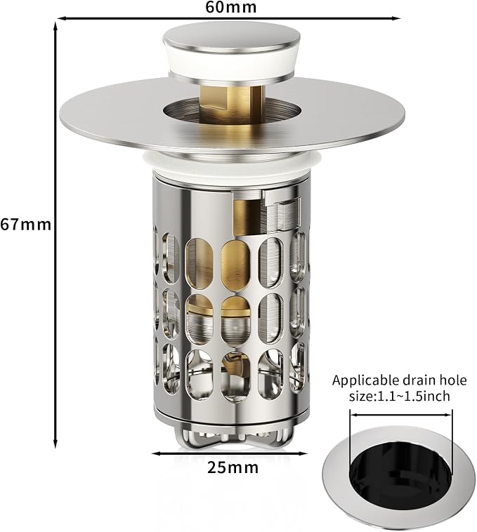 QYHNYJF Upgraded Bathroom Sink Stopper with Hair Catcher - Universal Pop-Up Drain Plug, Stainless Steel & Silicone Seal for 1.1-1.5 Inch Drains,Brushed Nickel Finish (Brushed Nickel)