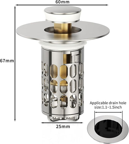 QYHNYJF Upgraded Bathroom Sink Stopper with Hair Catcher - Universal Pop-Up Drain Plug, Stainless Steel & Silicone Seal for 1.1-1.5 Inch Drains,Brushed Nickel Finish (Brushed Nickel)