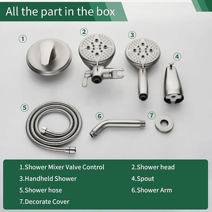 L829-2 Brushed Nickel Shower Faucet Set - Complete Dual Shower Head & Handheld Combo, Tub Spout & Trim Kit