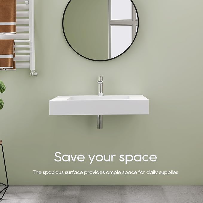 SJ Star&Jane 29" x 19" in Solid Surface Bathroom Sink, Wall-Mount or Countertop Vessel Sink, Rectangle Floating Vanity Sink, Pre-installed Faucet Holes, Durable Modern Design